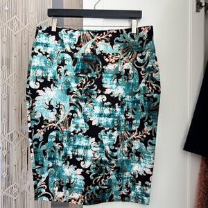 Thalia Black and Teal Floral-Print Pencil Skirt